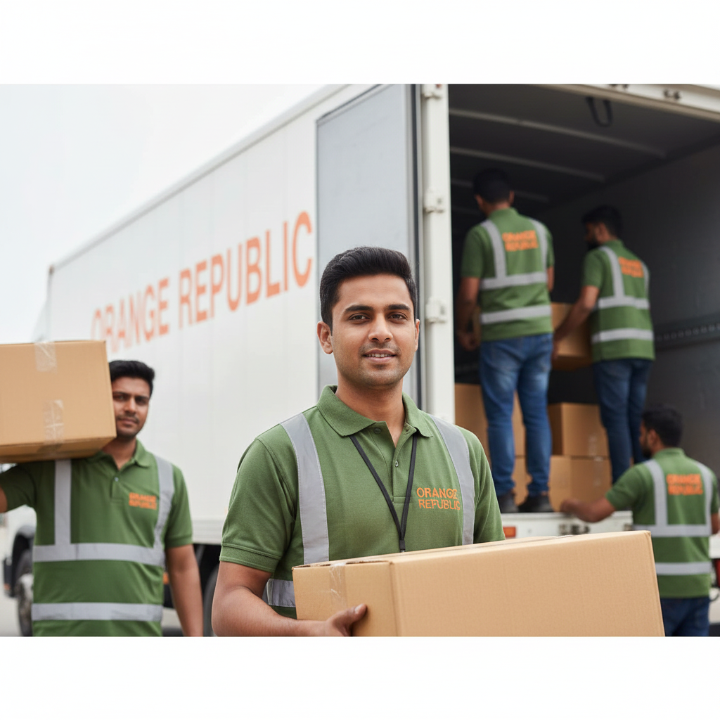 Workers unloading boxes and furniture